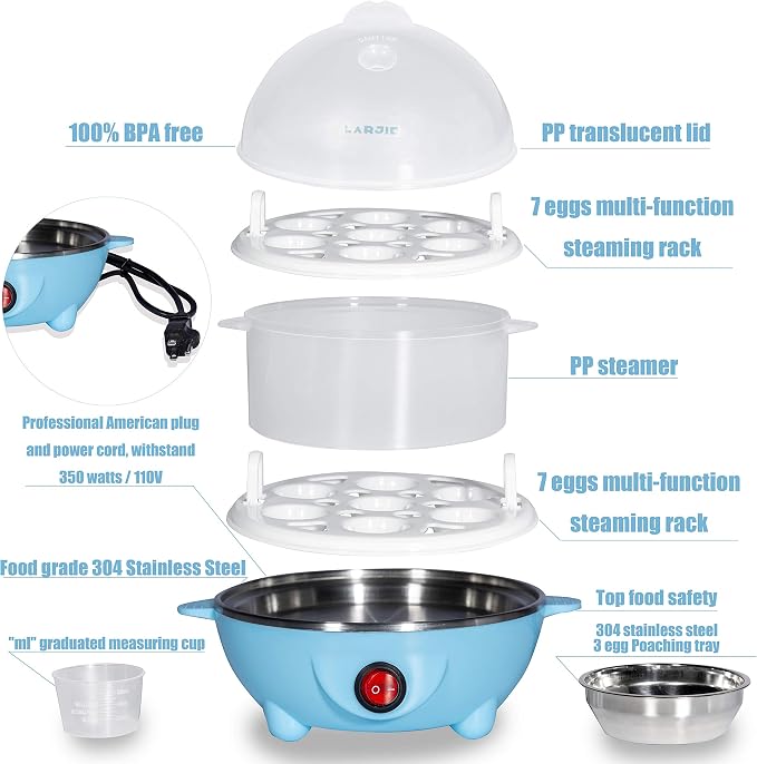 Electric Egg Boiler Cooker Rapid Poacher 7 or 14 Capacity Soft Medium Hard Boiled or Poached for Hard Boiled Scrambled Eggs or Omelets Steamed Vegetables Seafood w/Auto Shut Off Feature Blue