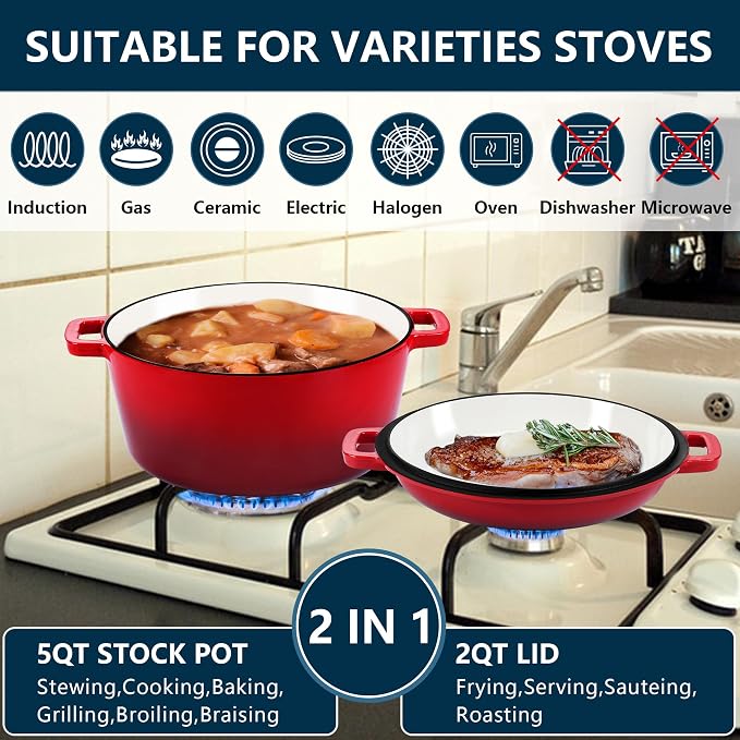 E-far 5 Quart Enameled Cast Iron Dutch Oven, 2 in 1 Dutch Oven Pot with Skillet Lid and Silicone Bread Sling, Ideal for Bread Baking, Cooking, Stewing, Frying, Induction & Oven Safe - Red