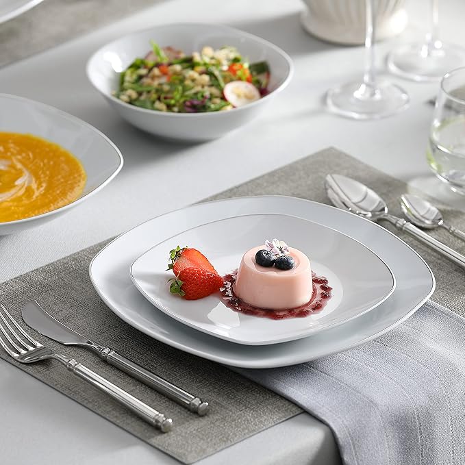 MALACASA Dinnerware Sets, 24 Piece Porcelain Square Dishes, White with Silver Rim Plates and Bowls Sets, Ceramic Dish Set for 6, Chip Resistant Dishware Sets, Series ELISA | White Ceramic Plates and Bowls Sets for Serving, Chip Resistant, Microwave & D...
