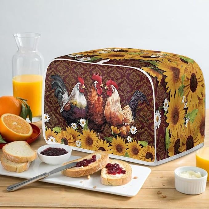 Chicken Rooster Sunflower Print Toaster Cover Kitchen Broiler Appliance Organizer Bag, Antidust Bakeware Protector, Washable Small Appliance Cover
