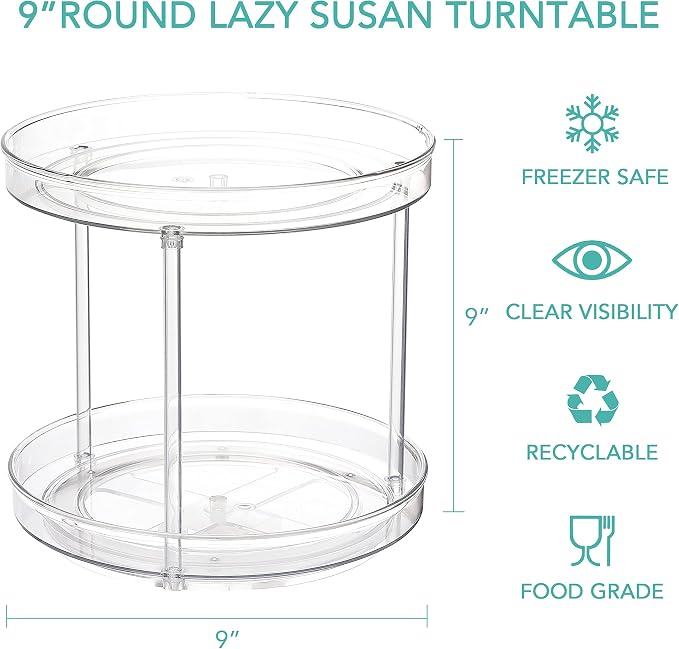 URALFA 2 Tier Lazy Susan Turntable, 9 Inch Clear Organizer for Cabinet | Acrylic Rotating Spinning Storage Rack, Plastic Multi-layer Shelf for Spice Rack, Fridge, Bathroom, Pantry