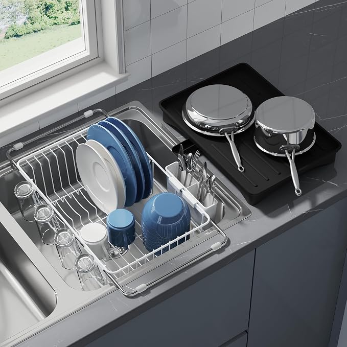 JASIWAY White Dish Drying Rack in Sink with Drainboard and Utensil Holder | Use Over the Sink or Counter, Stainless Steel Expandable Dish Drainer for Small Kitchen, Space Saving, Fast Drain, Rustproof
