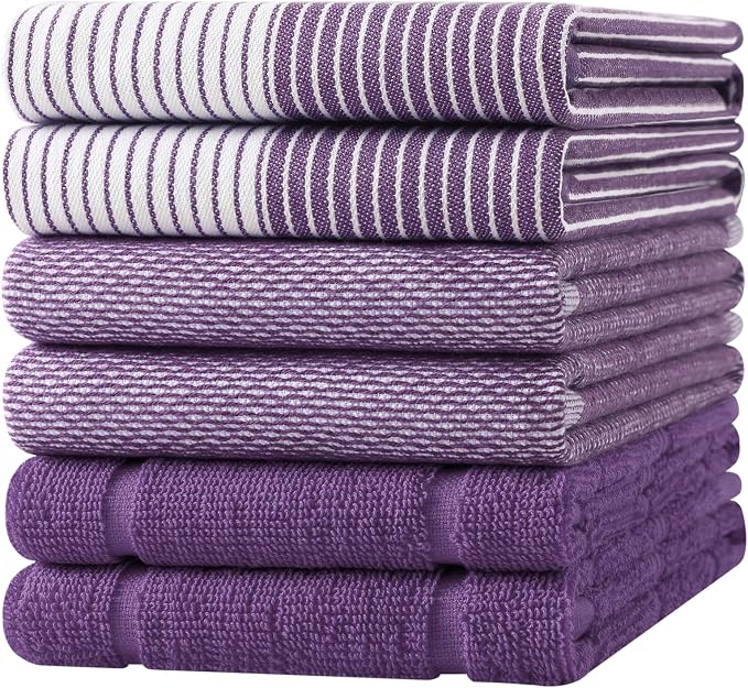 Homaxy 6 Pack Cotton Terry Premium Kitchen Towels, 18 x 28 in, Purple | Large 380 GSM Dish Towels, Highly Absorben Flat & Terry Kitchen Hand Towels, Soft Utility Tea Towel Set with Hanging Loop