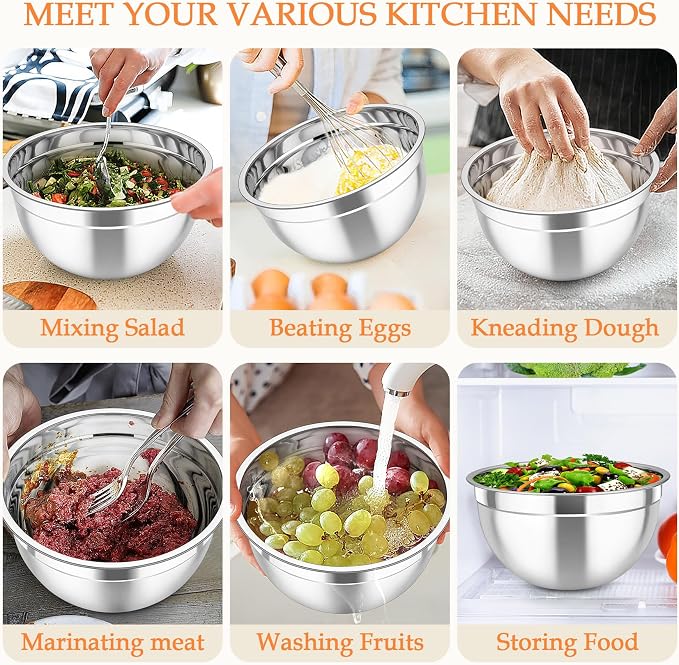 TeamFar Mixing Bowls, Stainless Steel Nesting Salad Bowls Set | Mixing Bowls with Lids & 3 Grater Attachments, For Mixing/Serving/Storing, Non-toxic & Long-lasting, 4.6/3/1.5 QT, Colorful