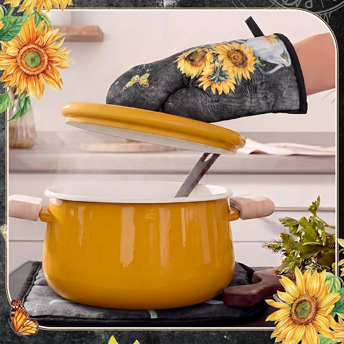 Leinuosen 8 Pcs Black Sunflower Kitchen Towels and Dishcloths Sets Pot Holders and Oven Mitts Sets Absorbent Kitchen Gloves Potholders Heat Resistant for Chef Baking Cooking