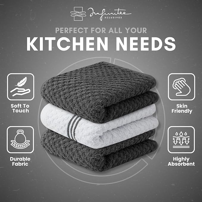 Infinitee Xclusives Kitchen Towels - 3 Pack - Cotton Dish Towel |15" x 25"| | 100% Cotton, Highly Absorbent Tea Towels - Lint Free, Soft, Durable & Quick Dry, Ideal for Drying Dishes & Kitchen Cleaning