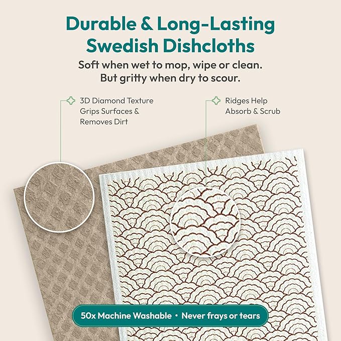 Swedish Dishcloths for Kitchen, 5 Pack, Vintage Kitchen | Reusable Paper Towels Washable, Non-Scratch Cellulose Sponge Cloths, No Odor, Biodegradable