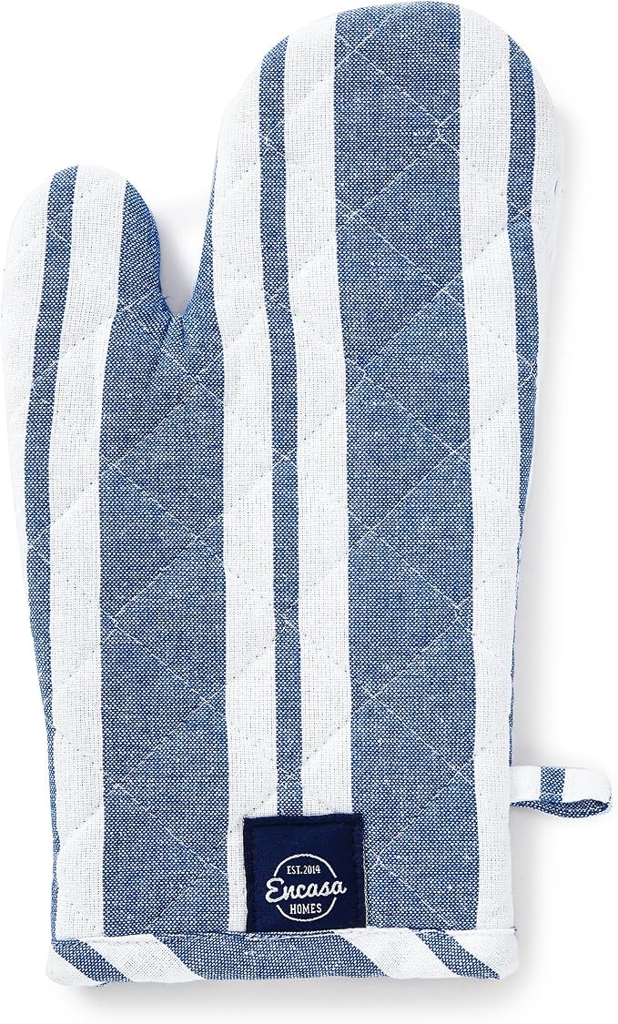 Encasa XO Oven Mitts, Heat Resistant Kitchen Gloves, Microwave | Franca Blue Stripes, 100% Cotton | Diamond Quilted Insulation | Pot Holders | Hanging Loop | Barbecue & Grill | Set of 2