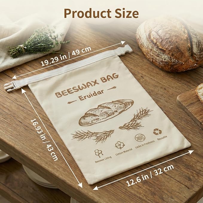 Beeswax Bread Bags for Sourdough & Homemade Bread (2 Pack) | XL 13"x17" Reusable Organic Cotton Bees Wax Bread Bag, Alternative to Bread Box, Natural & Easy to Clean (Rustic Bread Print)