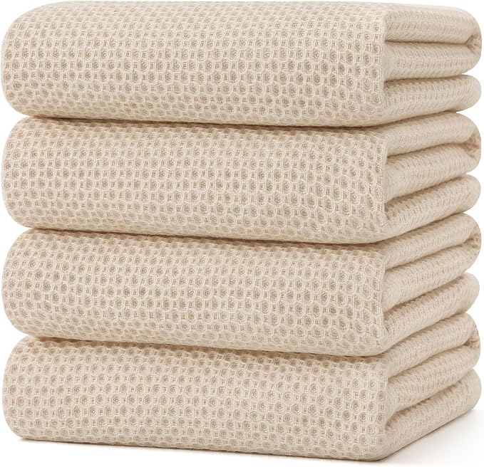 Kitinjoy 100% Cotton Waffle 4-Pack Kitchen Towels, 20" x 28", Beige | Super Soft, Ultra-Absorbent, Fast Drying, lightweight, Quick Drying Kitchen Hand Towels