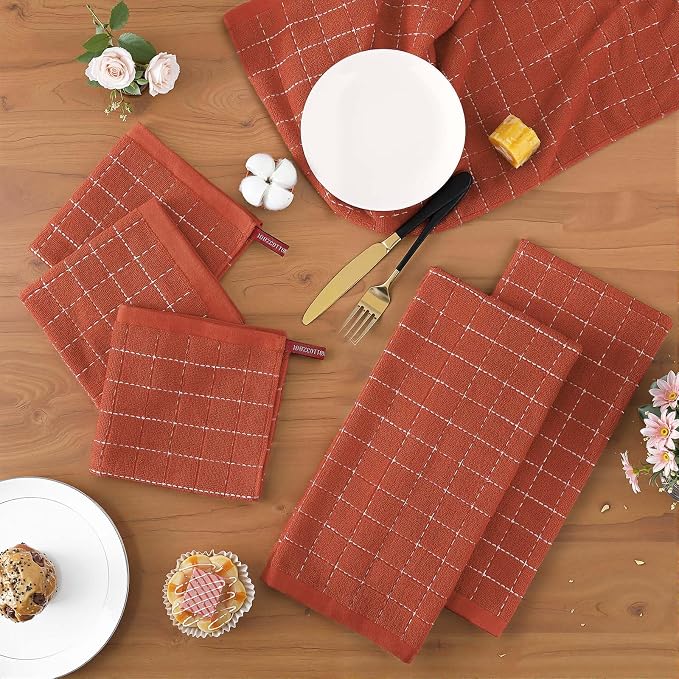 Homaxy Kitchen Towels and Dishcloths Set, Set of 10, Rust | Bulk Cotton Terry Kitchen Towels, Checkered Designed, Soft and Super Absorbent Dish Towels, 12 x 12 and 13 x 28 Inches