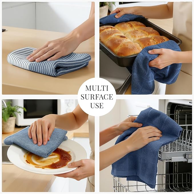 Homaxy 9 Pack Cotton Terry Premium Kitchen Towels, 18 x 28 in, Navy Blue | Large 380 GSM Dish Towels, Highly Absorben Flat & Terry Kitchen Hand Towels, Soft Utility Tea Towel Set with Hanging Loop