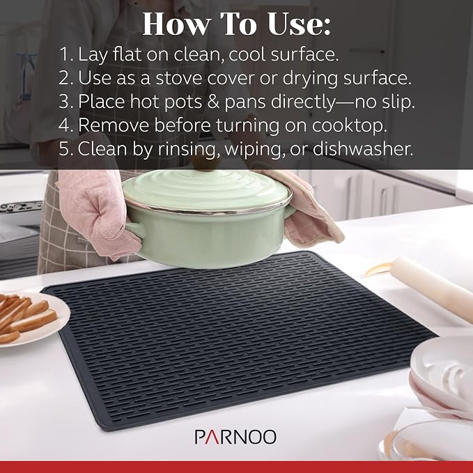 PARNOO Silicone Stove Top Cover for Electric Stove – Heat‑Resistant Glass Top Stove Protector Mat – Universal Flat Top Stove Cover, Black 28” x 20”