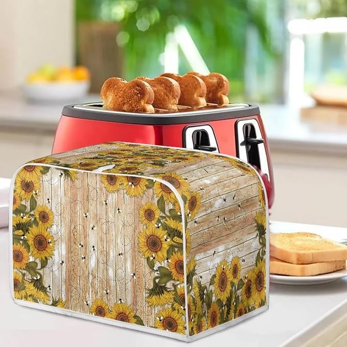 Sunflower Bee Print Toaster Cover For Home Office, Spandex Quilted Toaster Cover 4 Slice Wide Slot Breadmaker Covers Stain And Fingerprint Protection, Yellow