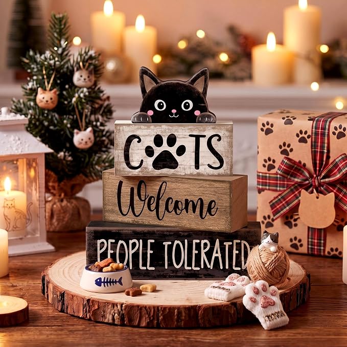 Lineshading 4 Pcs Cat Wooden Sign Set, Farmhouse Tiered Tray Decor | Stackable Welcome Blocks with Cat Topper, Rustic Wood, People Tolerated Sign, Tabletop Shelf Decor for Pet Owners