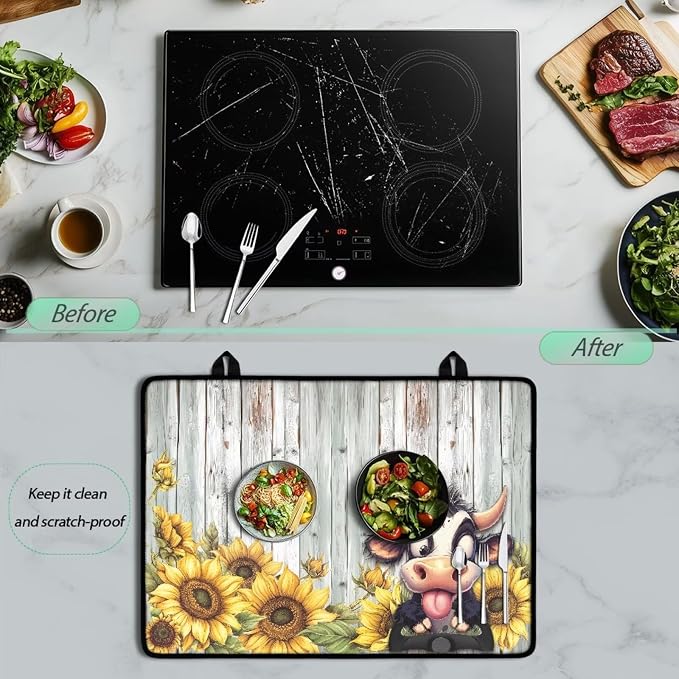 Cow Sunflower Wood Print Stove Top Covers Waterproof Electric Stove Cover Mat 29.18 x 20.99 inch Glass Cooktop Protector Large Coffee Machine Mat for Flat RV Range