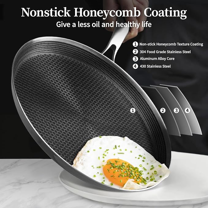 Innerwell 10 Inch Nonstick Crepe Pan, Stainless Steel Pancake Pan-Silver | Honeycomb coating, PFOA-free.Compatible with All Stoves,Stay-Cool Handles.Oven Safe&Dishwasher Safe