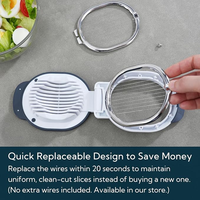 KITCHENDAO Replaceable Egg Slicer with Stainless Steel Wires, Egg Cutter for Hard-Boiled Eggs, Dual-Direction Cutting, Heavy-Duty Egg Dicer, Non-Slip Base & Handle, Dishwasher Safe