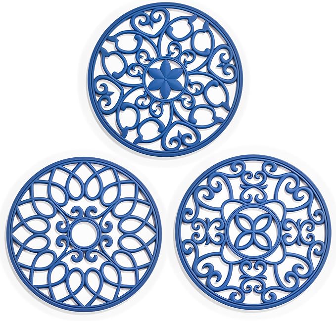 SMARTAKE 3 Set Silicone Trivet Mats for Hot Dishes Pots Pans (Navy Blue) | Heat Resistant Pots and Pans Holders, Non-Slip Flexible Pads Coasters for Countertops Table, Modern Kitchen Decor Accessories