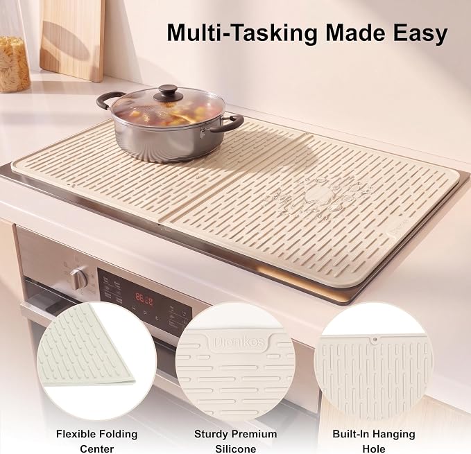 Foldable Silicone Stove Top Cover – 20"x28" Stove Top Covers for Electric Stove, Glass Top Stove Cover, RV Stove Top Cover & Dish Drying Mat (Cream, 28''x20'')