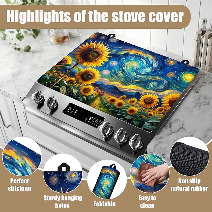 Starry Sunflower Stove Top Covers for Electric Stove, Electric Gas Stove Pad Heat Resistant Range Cooktop Protector for Home Decor Kitchen 28"x20"