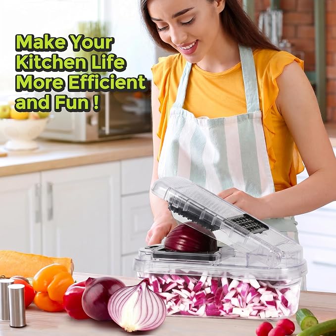 Yusshn Vegetable Chopper, 12-in-1 Food Veggie Chopper Cutter with Container | 7 Sharp Blades Dice, Slice, Shred and Grate for Salads, Onions and Meal Prep, with a Non-Slip Base and Drain Basket