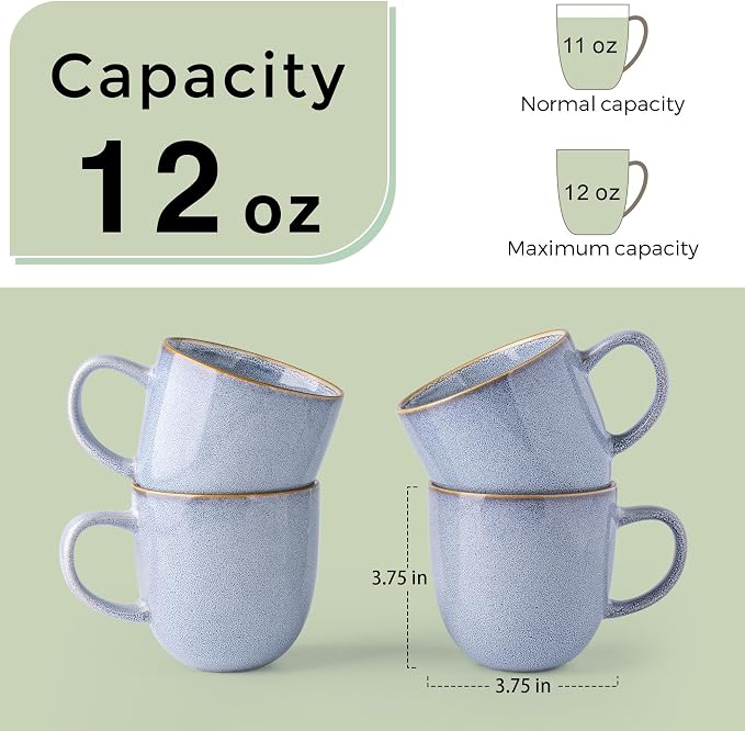 AmorArc 12oz Coffee Mugs, Ceramic Coffee Mugs set of 6 for Man, Woman, Dad, Mom, Modern Coffee Mugs with handle for Latte/Cappuccino/Milk/Cocoa. Dishwasher&Microwave Safe, Blue-Reactive Glaze