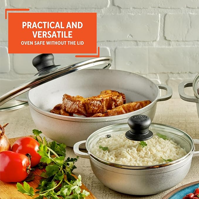 IMUSA 1.5, 2.5 & 5.2 Qt Cast Aluminum Caldero 3 Piece Set with Glass Lid | Polished Finish, Glass Lid with Riveted Handles, Ideal for Rice and Stews, Perfect for Serving Medium and Small Groups