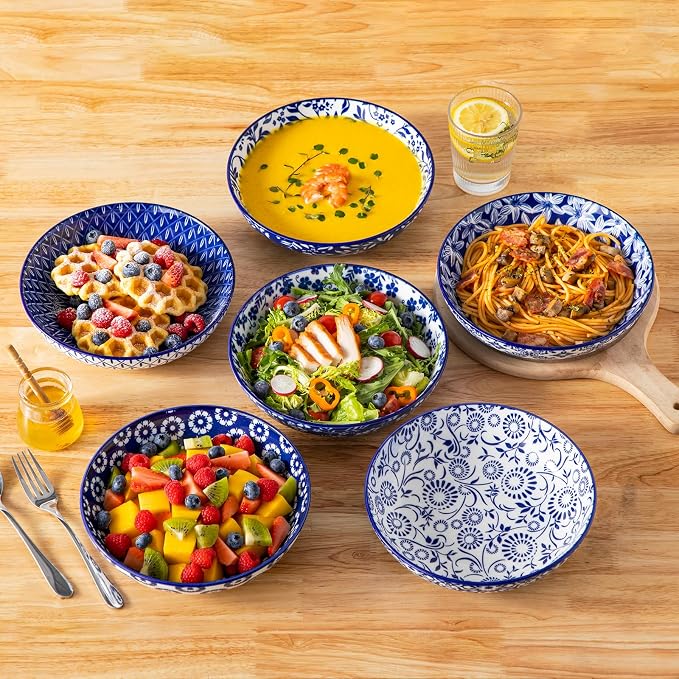 vancasso Selene 8.5" Pasta Bowls Set of 6, 40 oz Porcelain Shallow Salad Bowls, Serving Bowls Large Kitchen Bowl Plates Pasta Plates, Blue & White Floral Design, Microwave Safe