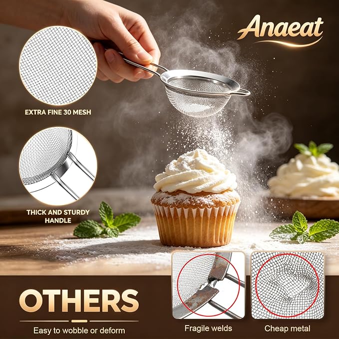 Anaeat Fine Mesh Strainers - Premium Stainless Steel Colander Sieve Sifters, with Durable Mesh and Sturdy Handle, Excellent for Sifting Dry ingredients, Flour, Pastas, Rice, Tea (2.8"）