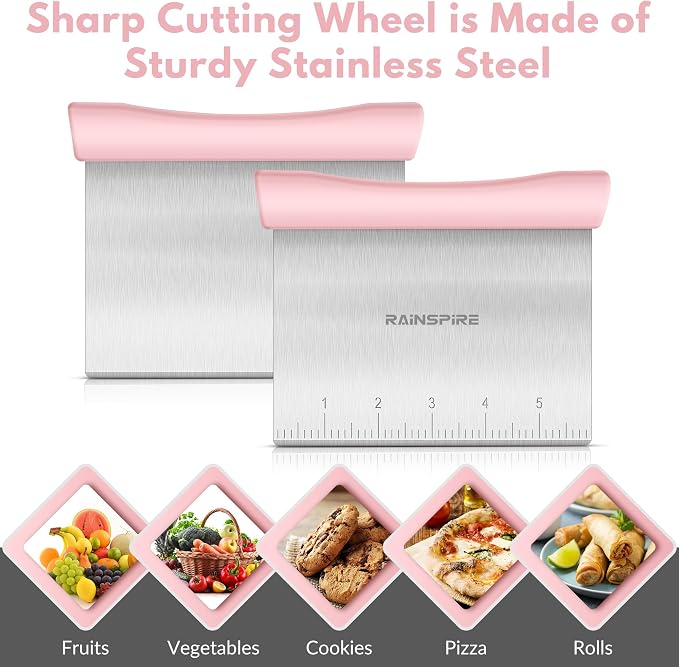 Upgraded 304 Stainless Steel Multi-Purpose Bench Scraper with Measurement Marks, Dishwasher Safe, Dough Cutter for Pizza, Bread and Cookie Dough Vegetable Chopper, Baking Supplies, Pink