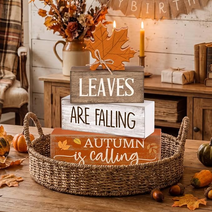Lineshading 4 Pcs Autumn Block Signs, Farmhouse Tiered Tray Decor | Stacked Signs with Maple Leaf, Fall Tabletop Centerpiece, Mantle Shelf Display, Back to School Autumn Decoration