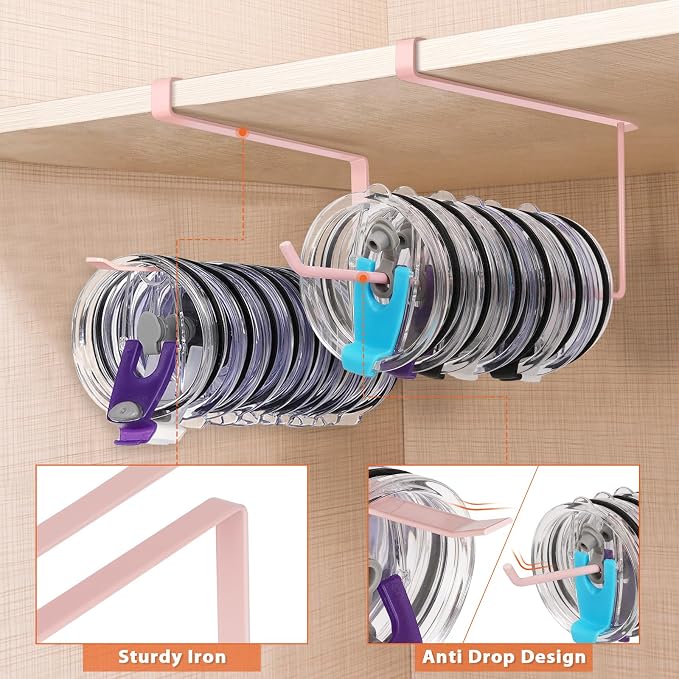 2 Pack Tumbler Lid Organizer, Versatile Storage Holds 20 Lids, Round&Flat | Space Saving Cup Lid Organizers Inside Cabinet Tumbler Lid Hook for Pantry Kitchen Organizer, Paper Towel Rack Hanger, Pink