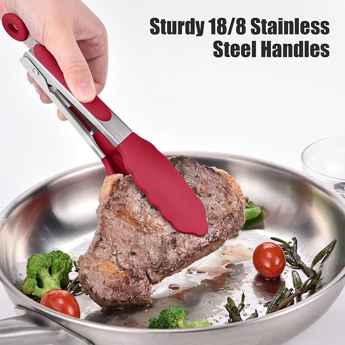 Doosu Kitchen Tongs with Silicone Tips for Cooking Serving (7in, Red) | 600°F Heat Resistant Food Tong, Heavy Duty Stainless Steel Locking Tong for BBQ, Grilling Steak, Salad, Toast, Pasta