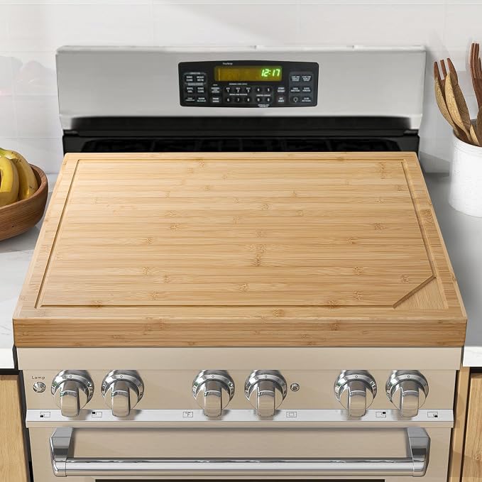 Fun Memories Noodle Board Stove Cover - Bamboo Wood Top Covers for Electric and Gas Sink RV 30 inL x 22 inW x 2.5 inTh Raised Cutting with Legs Juice Grooves