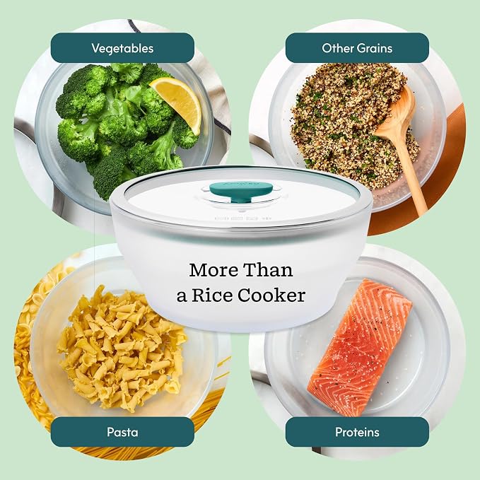 Anyday 12-Cup Microwave Rice Cooker, Glass Lid (Kale) | Microwavable Safe Cookware, Grains, Vegetable Steaming, BPA & Plastic Free, Even Reheating, Stackable Airtight Container