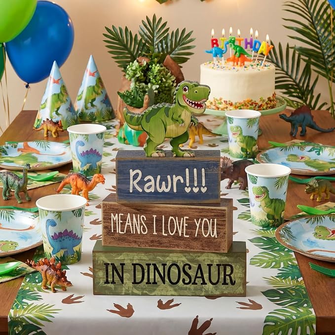 Lineshading 4 Pcs Dinosaur Table Decorations Wooden Dino Safari Party Decor | Rustic Tabletop Decorations for Home, Dinosaur Themed Signs, Tiered Tray Filler, Back to School Decor, Beach Style Accents