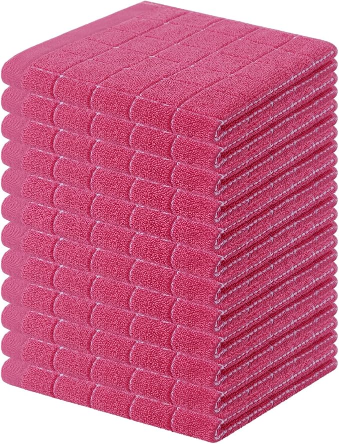 Homaxy 100% Cotton Terry Kitchen Towels, 12 Pack, Rose Red | Ultra Soft and Absorbent, Suitable for Drying and Washing Dishes