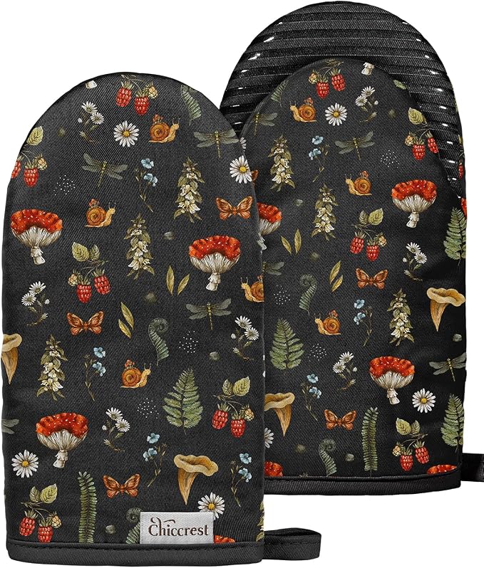 100% Thick Cotton Mini Oven Mitts Silicone Grip Black Mushroom | Girly Cute Oven Mitts for Women, Machine Washable, Non-Slip, Reversible Design Fits Both Hands, Stylish Kitchen Decor