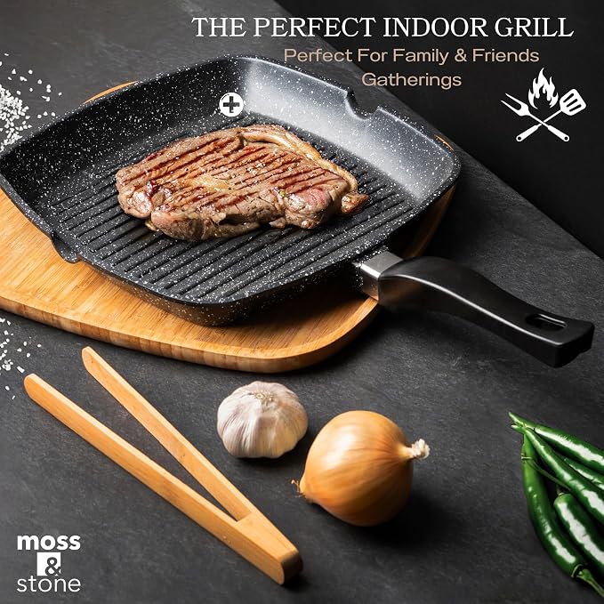 Moss & Stone Grill Pan for Indoor Cooking, 11" Nonstick Square Grill Pan | Aluminum Versatile Induction Griddle Pan for Gas, Electric & Ceramic Stovetops, Skillet with Pour Spouts