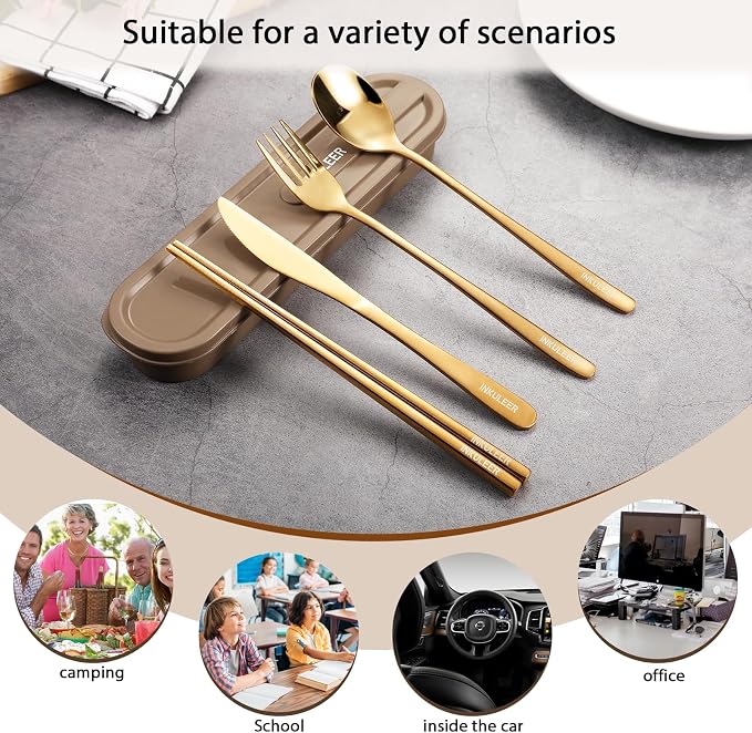 iNKULEER Travel cutlery set, 18/8 stainless steel cutlery, Reusable utensils set with case, Portable Silverware Lunch Box for Camping and Office (Rose Gold/knife set)