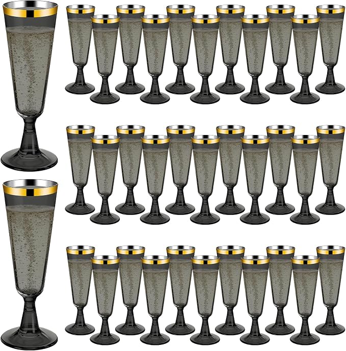 100 Pack Plastic Champagne Flutes Black, Disposable Plastic Champagne Glasses with Gold Rim, Wine Glasses Cups for Wedding Celebration Birthday Party Wine Tasting New Years Eve Party Supplies