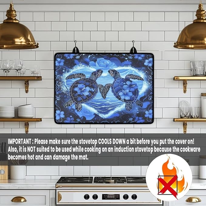 Sea Turtle Hibiscus Flower Print Stove Top Covers for Electric Stove Dish Drying Stovetop Protector Pad Thick Induction Protecting Counter Top Range Covers, 29.18 x 20.96 inch