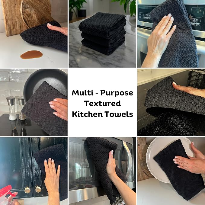 Black Kitchen Hand Dish Towels, Set of 3, 100% Cotton, 18" x 28" | Terry Loop Textured, Soft & Absorbent Cleaning Cloth, Quick Dry, Multipurpose for Everyday Use