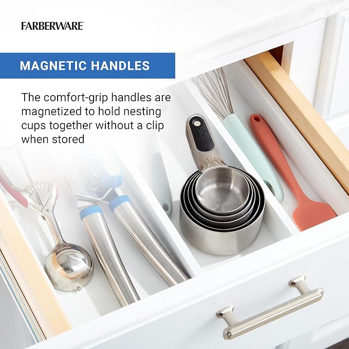 Farberware Professional Set of 5 Stainless Steel Measuring Cups, Precision and Ease in Every Scoop, Features Magnetic Handles for Easy Storage, Dishwasher Safe