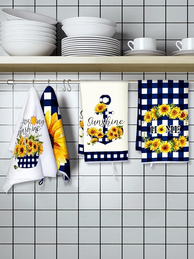 4 Pcs Sunflower Kitchen Towels Set, Hand Tea Towels Gifts | Absorbent Fast Drying Dish Clothes Floral Blue White Plaid Decor Housewarming Gift for Cooking Bathroom Kitchen Decor