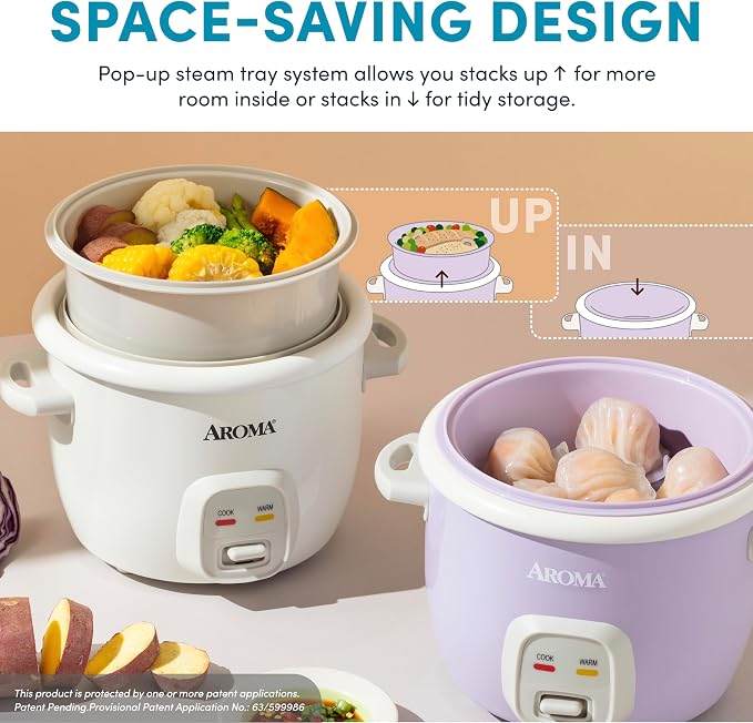 AROMA® CoreCoat Rice Cooker with Pop-Up Food Steaming Basket (4 Cups Cooked, 2 Cups Uncooked, 1 Qt)
