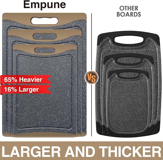 Extra Large Cutting Boards, Plastic Cutting Boards for Kitchen (Set of 3) Cutting Board Set Dishwasher Chopping Board with Juice Grooves Easy-Grip Handles, Brown, Empune