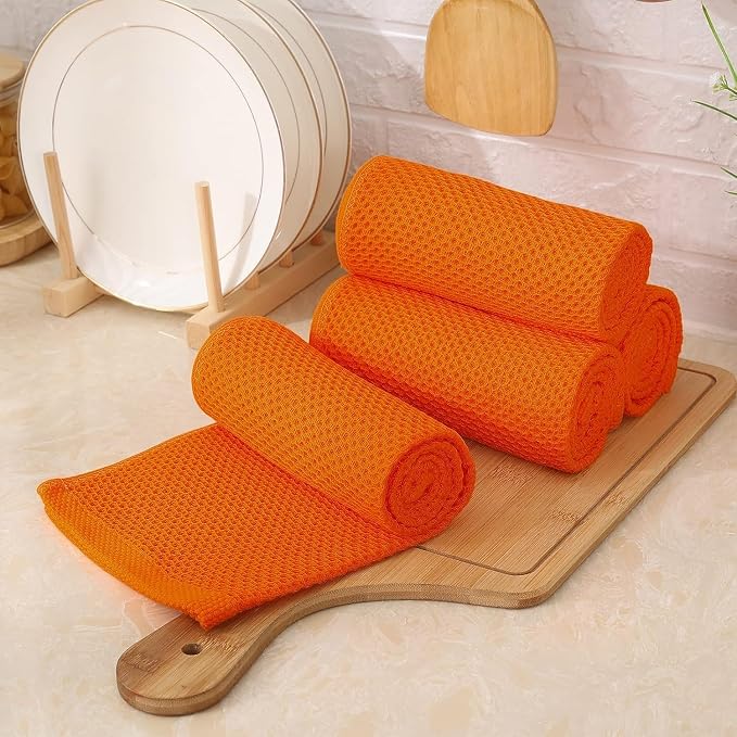 Kitinjoy 100% Cotton Waffle 6-Pack Kitchen Towels, 13" x 28", Orange | Super Soft, Ultra-Absorbent, Fast Drying, lightweight, Quick Drying Kitchen Hand Towels