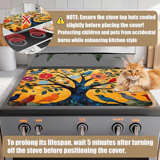 Bird Tree Stove Top Covers for Electric Stove, Electric Gas Stove Pad Heat Resistant Range Cooktop Protector for Home Decor Kitchen 28"x20"